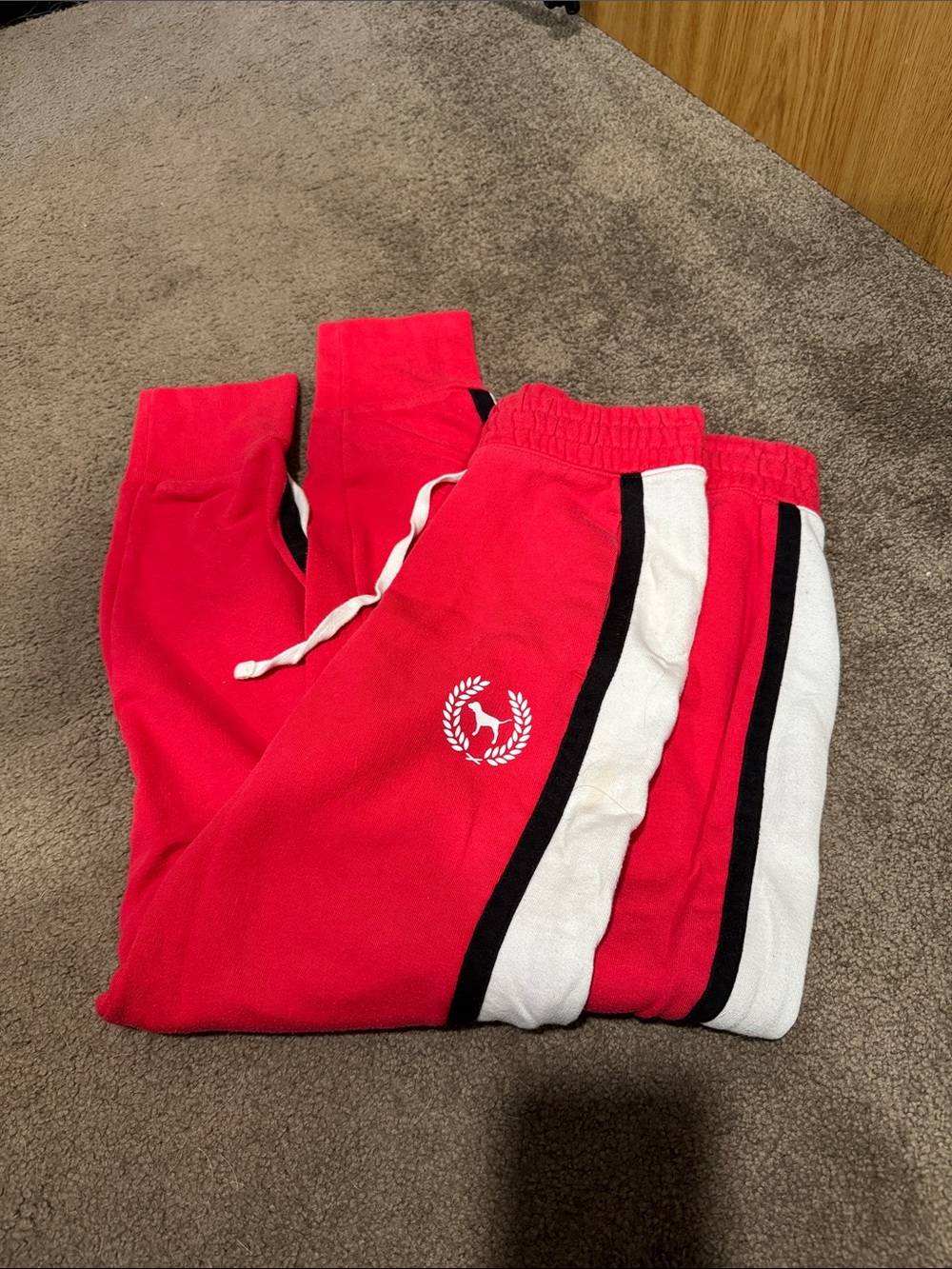 PINK Victoria's Secret Red Track Joggers with White & Black Stripes